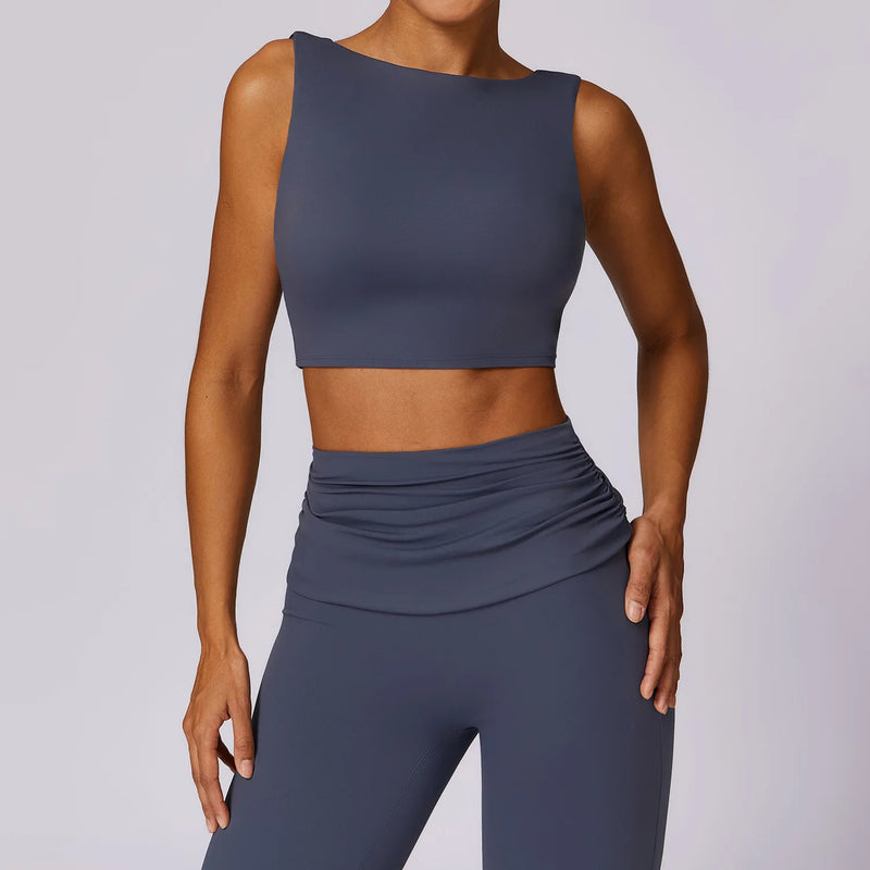 Backless Active Tank Top and Ruched Waist Flare Pants Set