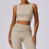 Backless Active Tank Top and Ruched Waist Flare Pants Set