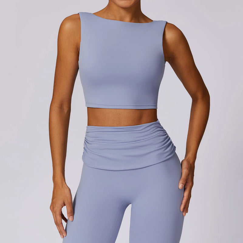 Backless Active Tank Top and Ruched Waist Flare Pants Set