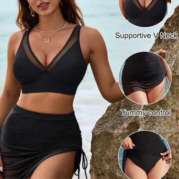 Swim Skirt High Waisted Bikini Sets Tummy Control Swimsuits Mesh Sarong Wraps Bathing Suits